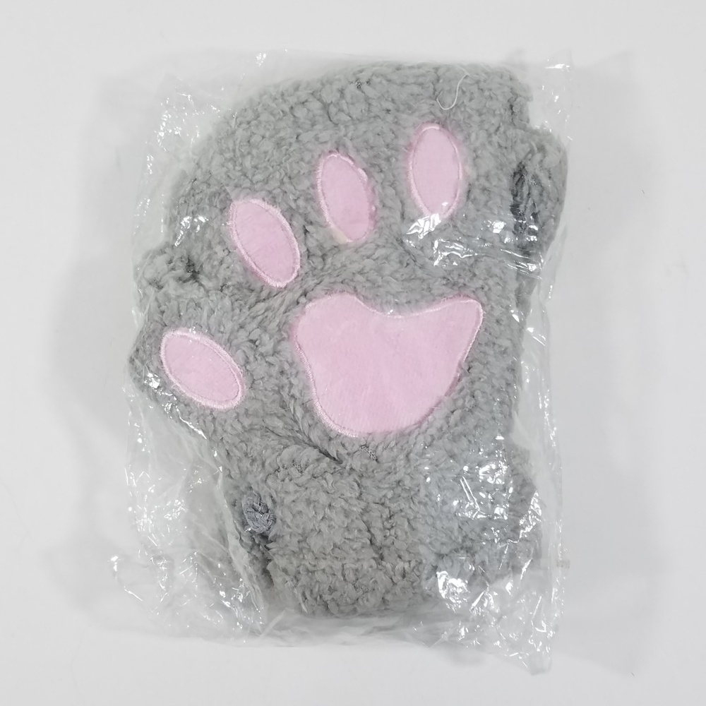 Bear Paw Pawprint Fingerless Plush Gloves Gray
